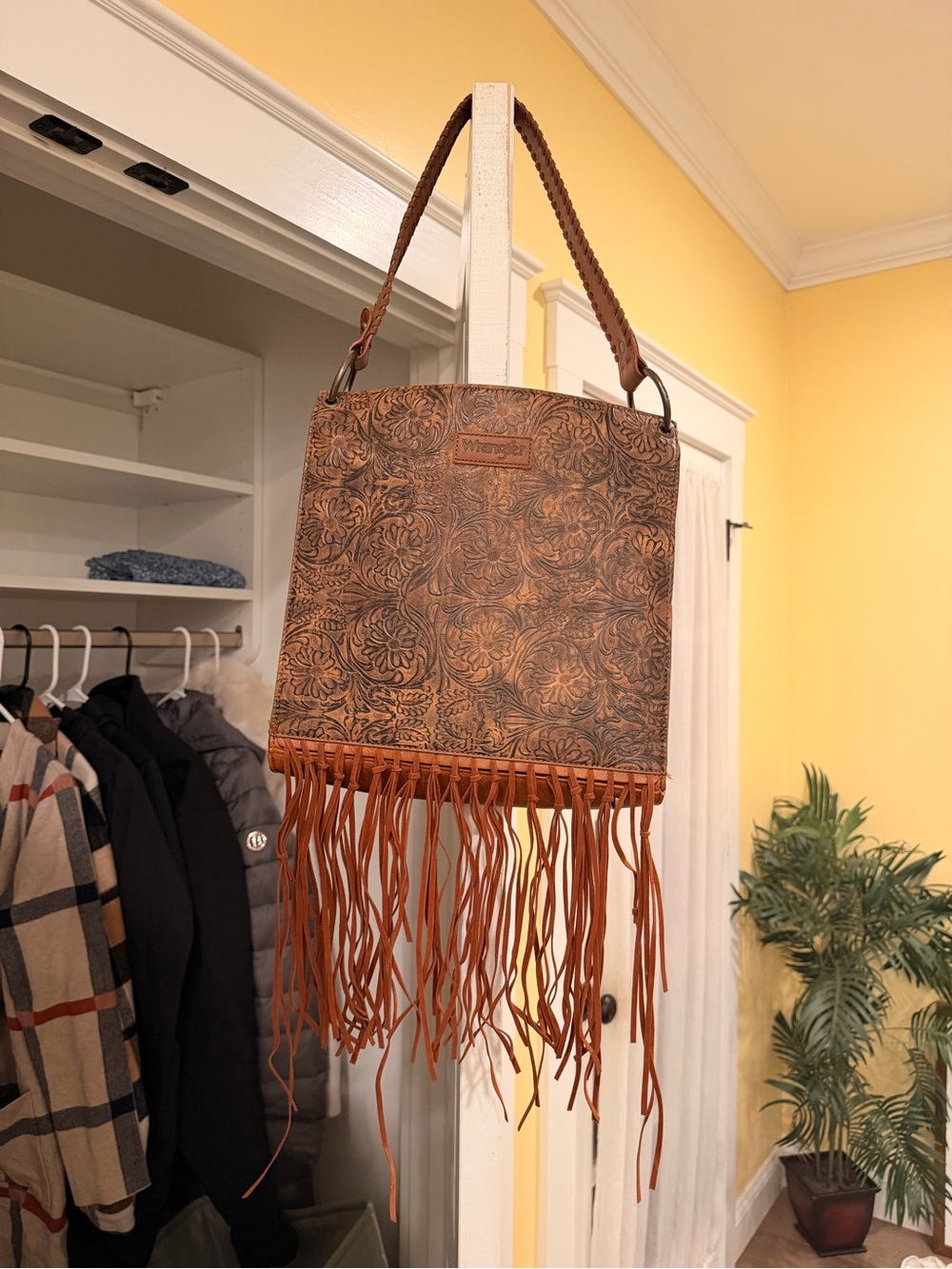 Wrangler Brown Tooled Leather Fringe Shoulder Bag